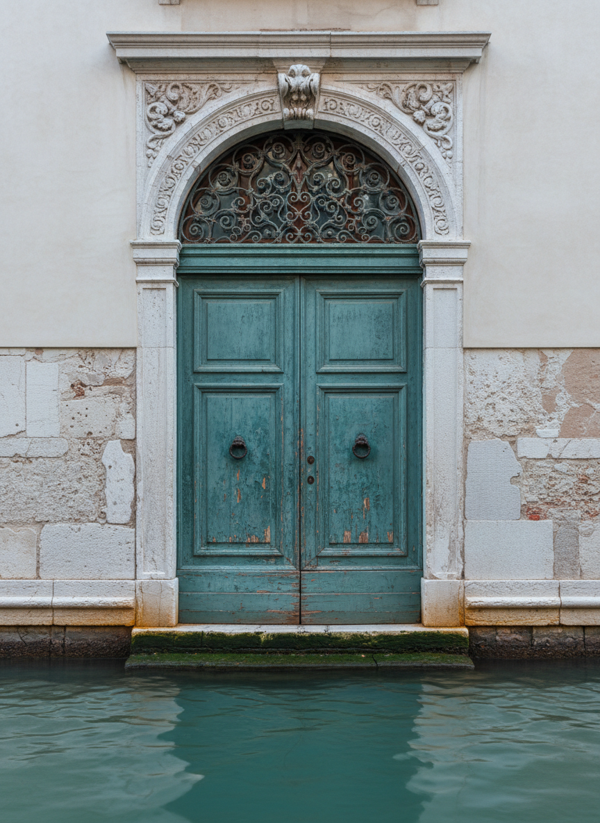 A refined vignette of a Venetian palazzo doorway, focusing on a weathered teal wooden door framed by ornate white stone carvings and a delicate iron fanlight above. At the foot of the door, calm canal water gently laps against a mossy stone step, its surface reflecting fragmented patterns of light and the pale façade. Early evening light casts a soft, cool glow, with subtle golden reflections from unseen lamps dancing across the water. Shot straight-on at eye level in crisp photographic realism, the composition is symmetrically balanced yet intimate, with fine textures in peeling paint, stone reliefs, and rippling water. The mood is quietly mysterious, sophisticated, and evocative of hidden stories and cultural secrets waiting to be discovered.