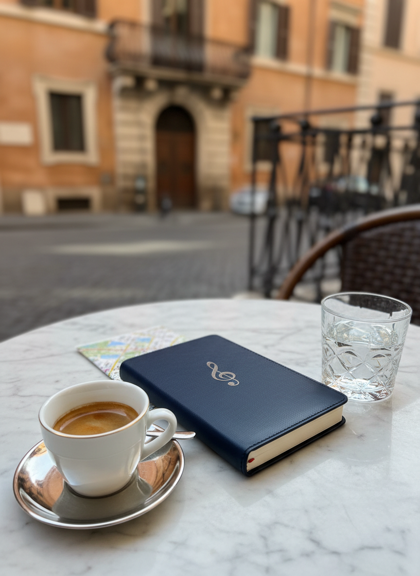 An intimate still life on a marble café table in Rome, featuring a meticulously detailed espresso cup on a petite silver saucer, a half-filled crystal water glass catching tiny prisms of light, and a slim, navy-blue notebook embossed with a subtle treble clef. Beyond the table’s edge, the blurred suggestion of cobblestone streets and historic façades creates an understated city backdrop. Soft, late-morning natural light filters in from the side, creating crisp reflections on the marble and gentle highlights on the porcelain rim. Captured at a slightly elevated, three-quarter angle in clean photographic realism, the composition uses shallow depth of field to draw the eye to the notebook, evoking a mood of quiet reflection, refined taste, and thoughtful travel planning in Italy.