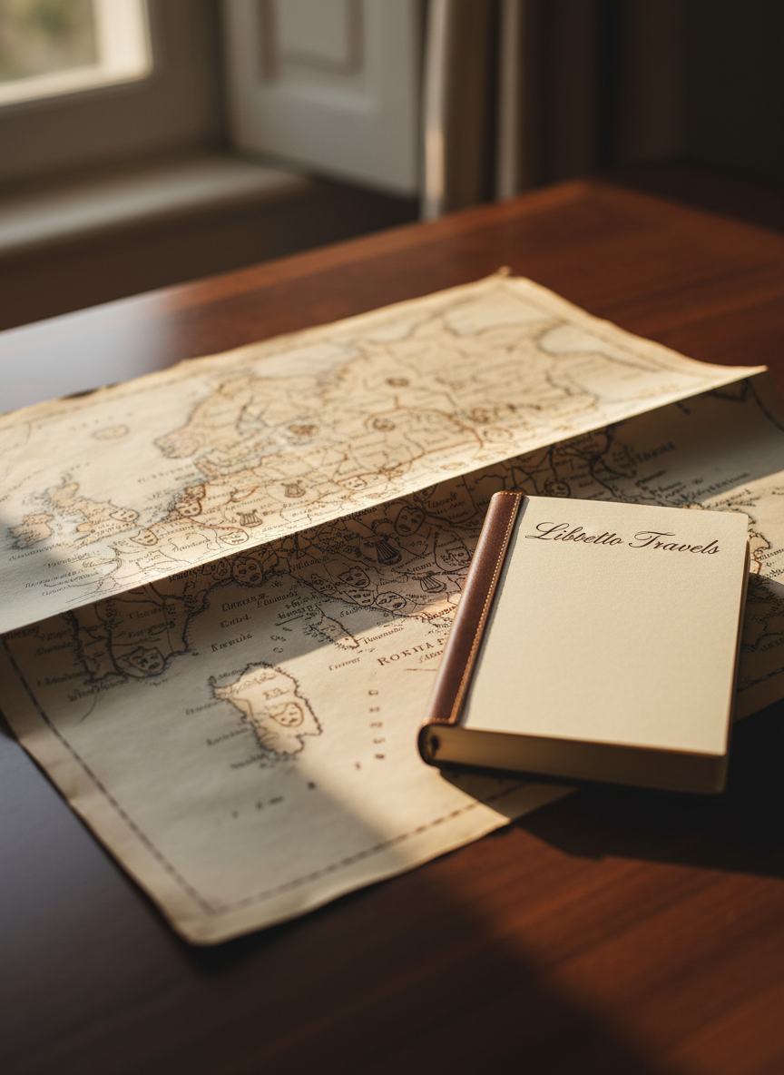 A meticulously folded antique map of Italy, edges softly worn, spread across a dark walnut writing desk. Delicate inked coastlines and faint sepia contours are clearly legible, with small hand-drawn opera masks and tiny lyres marking major cities. A slender, leather-bound travel journal lies open nearby, its creamy pages blank except for a finely scripted title: “Libretto Travels.” Late afternoon light filters in from an unseen window, casting long, elegant shadows and gentle highlights along the map’s creases. Shot at eye level with a subtle shallow depth of field, the composition centers on the journal’s title, creating a refined, cinematic, photographic realism that feels sophisticated, contemplative, and quietly anticipatory of a cultural journey.