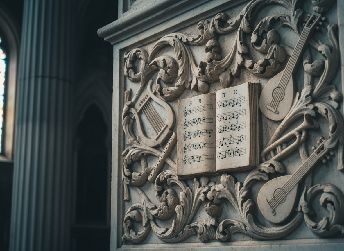 A richly detailed close-up of a carved marble relief inside a historic Italian church, depicting swirling acanthus leaves, musical instruments, and an open book of notated chant. The stone surface shows delicate patina, with faint discolorations and minuscule nicks revealing centuries of history. Diffused, cool daylight from a high stained-glass window grazes the relief at a shallow angle, carving out intricate shadows in every groove and curve. The background recedes into soft darkness, with only vague hints of columns and arches. Shot from a side angle with tight framing and shallow depth of field, the photographic realism emphasizes texture and depth, creating a contemplative, almost reverent atmosphere that suggests the profound cultural layers of an Italian journey.